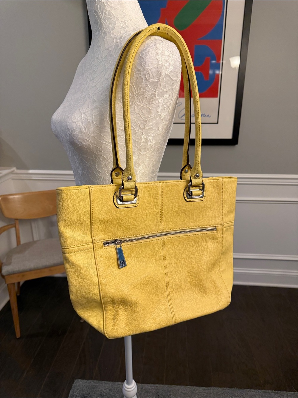 Tignanello Light Yellow Pebbled Leather Tote with Front Zip